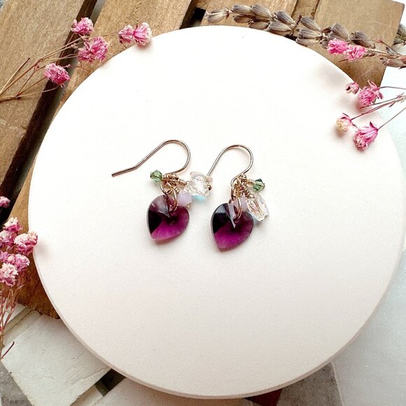 New Cute Amethyst Heart Crystal Cluster Earrings | Handmade in BC - Picture 4 of 4